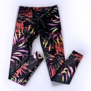 Onzie Flow Dark Green Tropical Floral Smooth Legging XS Black Vibrant Athleisure
